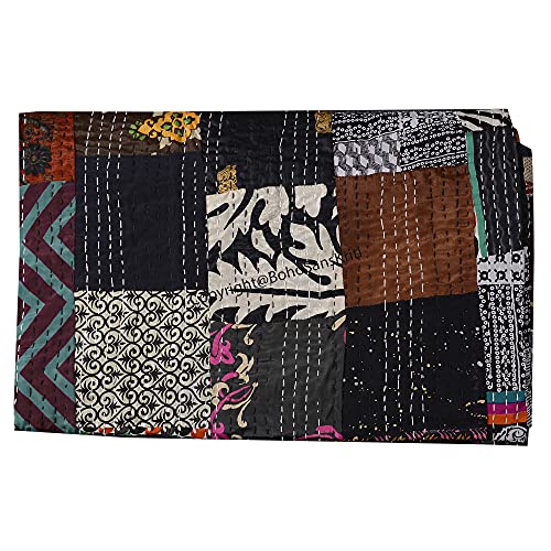 Hand Quilted Kantha Quilt - Premium Patchwork Bedspread in Black