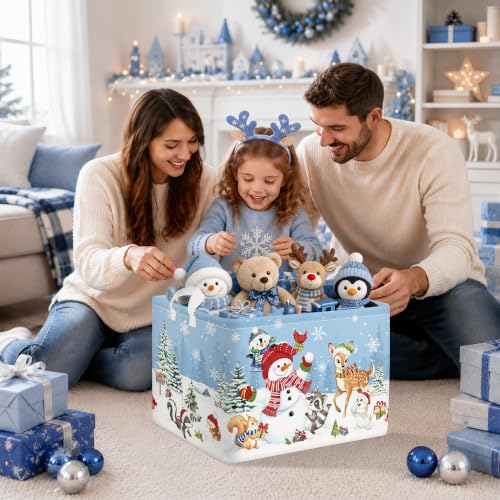 HUUMONSS Forest Animals Christmas Snowflake Baby Storage Basket 36L - Winter Pine Trees & Snowman Organizer for Toy Clothes & More