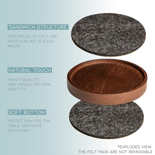 Wood Coaster Set of 6 – 4.3 Inch Absorbent Felt Cup Holders for Wooden Tables