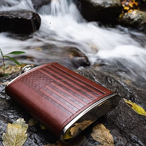 Brown Leather Wrap American Flag 8oz Hip Flask with Funnel – Stainless Steel, Leak Proof, Food Grade, Outdoor & Gift Set
