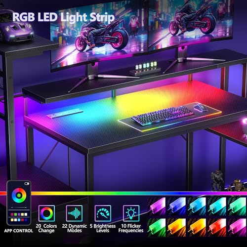 48" Gaming Desk with LED Lights, Power Outlets, Storage Drawers & Monitor Stand