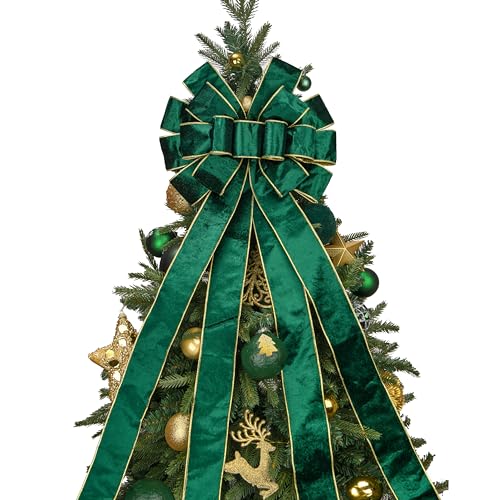 Green Velvet Christmas Tree Topper Bow with Long Tails - 48x13 Inch