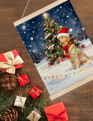 XUNLURY Christmas Tree Wall Art - Golden Retriever Canvas Poster, Snowy Winter Night, 12x16 Inch, Color-5
