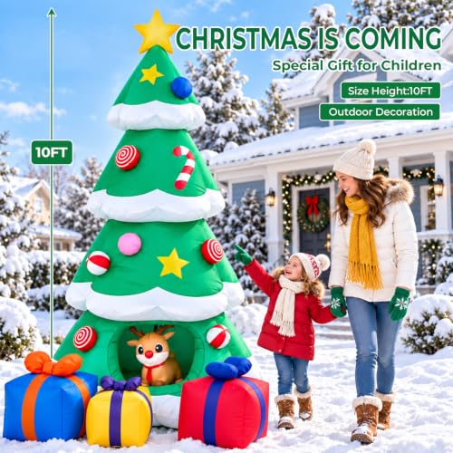 HMAZAE 10ft Green Inflatable Christmas Tree with Built-in LED Lights, Waterproof Outdoor Yard Decor
