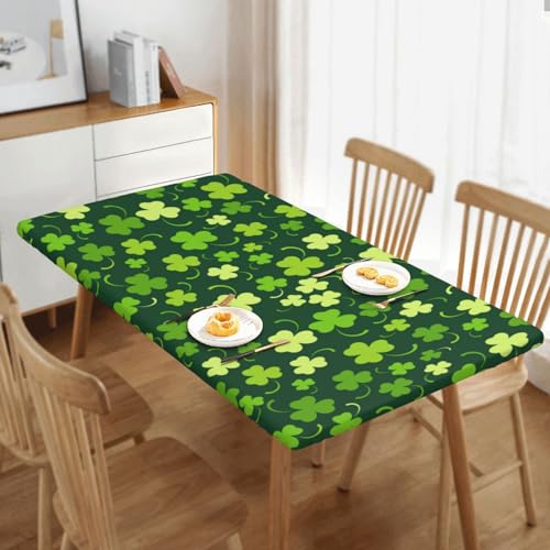 Fiokroo St. Patrick's Day Rectangular Tablecloth 60 x 30 Inches with Elastic Edge, Lucky Clover Design, Washable Holiday Party Decor