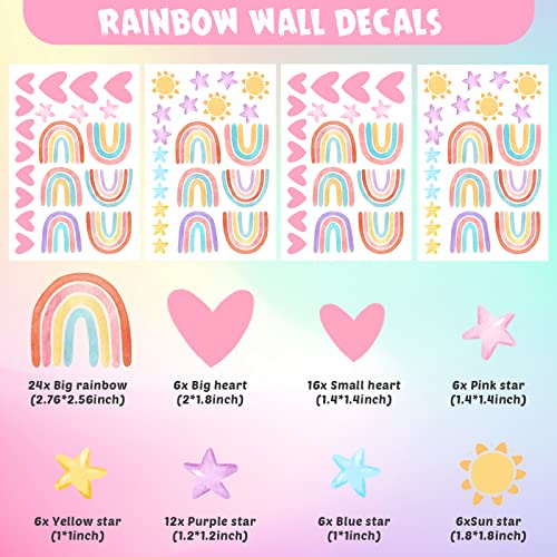 Rainbow Wall Decals for Kids Room - Removable Vinyl Stickers with Hearts Stars