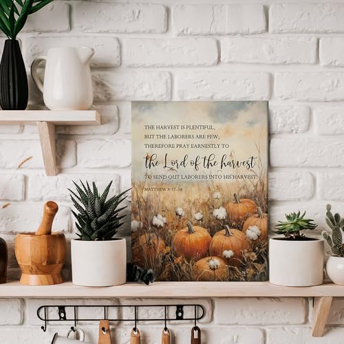 Rustic Fall Pumpkin Canvas Wall Art, Christian Bible Verse Autumn Decor 11x15