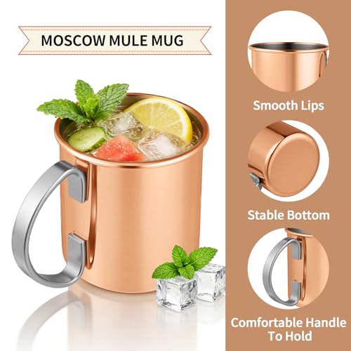 Rose Moscow Mule Copper Mug Set of 2, 15 oz - Hammered Copper Cups with Straws