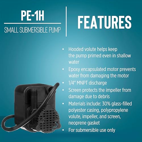 Submersible Utility Pump, 170 GPH, 115V, Epoxy Encapsulated with Hooded Volute