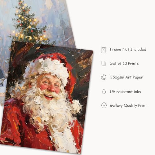 Whaline 10Pcs Vintage Christmas Wall Art Prints – Santa, Snowman & Reindeer Unframed