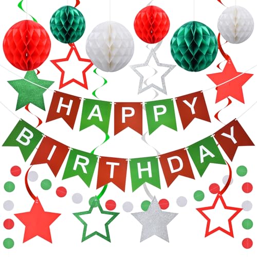 Christmas Birthday Party Decorations 34-Piece Set: Banner, Honeycomb Balls, Swirl Stars & Garlands
