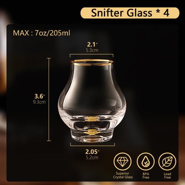 DUJUST 4-Pack Elegant Curvaceous Snifter Glasses Set of 4, 7oz Crystal Whiskey Glass with 24K Gold Flakes, Luxury Brandy & Bourbon Glasses