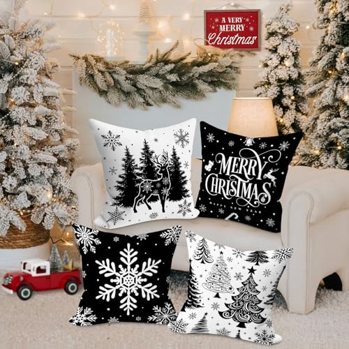 Black Christmas Pillow Covers Set of 4 20x20 Inches Holiday Decor for Sofa Bed Bedroom