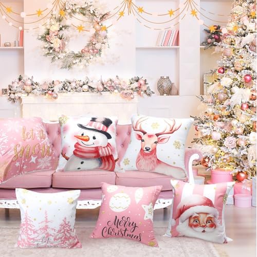 Pink Christmas Decorations Pillow Covers 18x18 Set of 6 Pink Santa Snowman Snowflake Merry Christmas Tree Let It Snow Reindeer Holiday Pillow Decorative Throw Cushion Case for Sofa