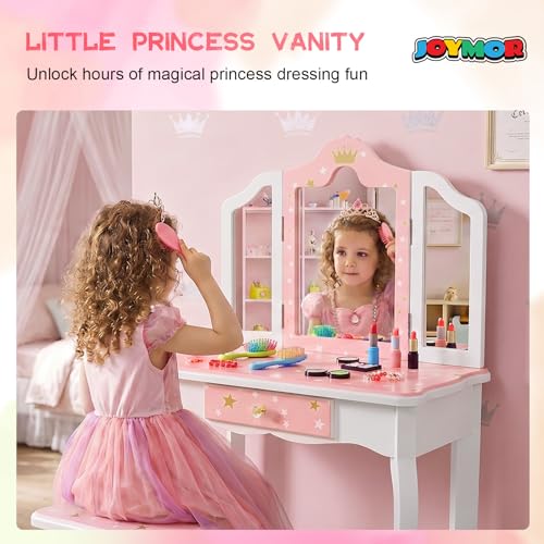 Kids Vanity Table and Chair Set with Folding Mirror and Storage Drawer