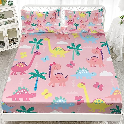 Axolotl Pink Twin Dinosaur Bedding Set - 4Pcs Kids Sheet Set with Fitted & Flat Sheets + Pillowcases