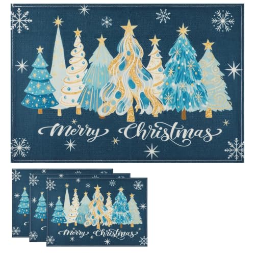 Navy Blue Christmas Placemats Set of 4 12x18 Inch Xmas Trees Snowflakes Holiday Table Decor