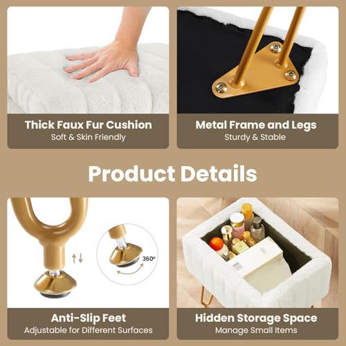 Faux Fur Storage Vanity Stool Chair - Modern Footrest Ottoman with Metal Legs