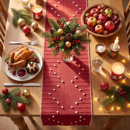 Artoid Mode Red Farmhouse Rustic Cotton Woven Table Runner 12x120 Inch Holiday Decor