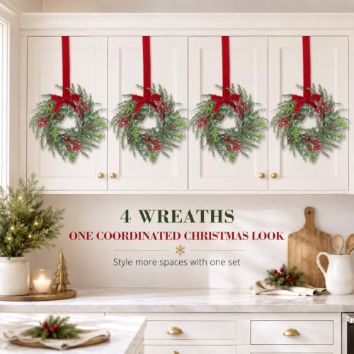 4Pcs 12" Mini Christmas Wreath Cabinet Wreaths for Kitchen Red Bow