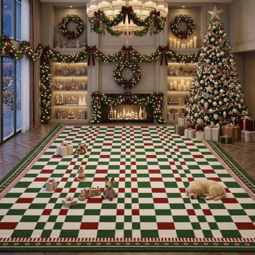 GarveeHome 9x12 Christmas Checkered Rug - Festive Red & Green Holiday Decor, Non-Slip, Machine Washable, for Living Room, Carnival Variation