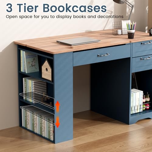 Adjustable Drafting Table with Storage Drawers and Shelves - Blue Art Desk