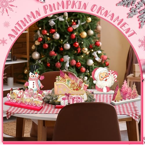 Pink Wooden Christmas Centerpieces - Set of 6 Holiday Table Decorations