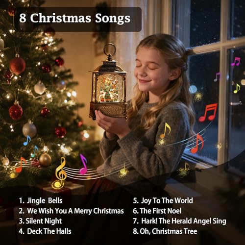 Christmas Snow Globe Lantern with Music & Lights - Flying Santa Scene, Giftable Holiday Decor