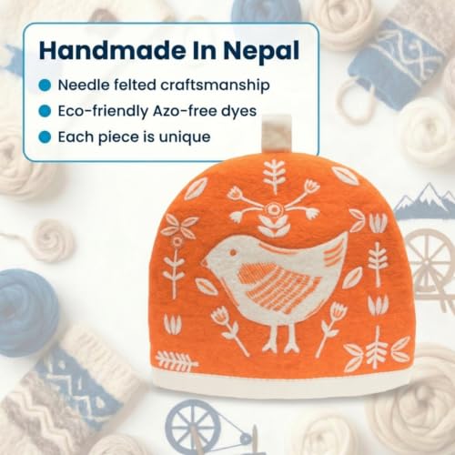 Scandi Birds Wool Teapot Cozy Cover for Large Kettles & French Press - Handmade Wool Gift