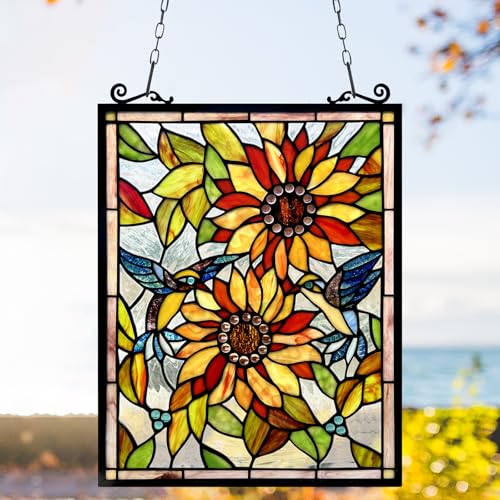 Handcrafted Sunflower and Birds Stained Glass Window Panel