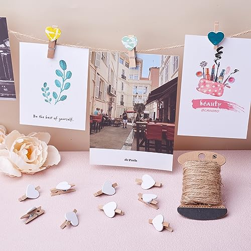 100pcs Heart Wooden Clothespins with Jute Twine for Photo Display and Crafts