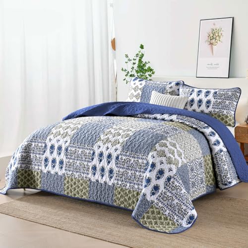 King Size Patchwork Floral Quilt Set - Aqua Blue Microfiber