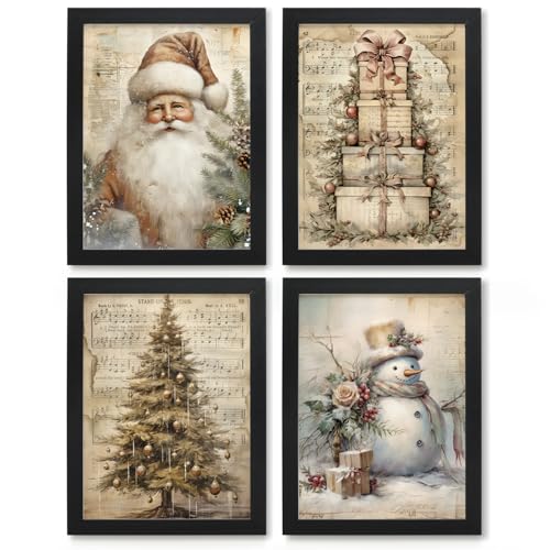 JXREQ 12x16 Vintage Christmas Wall Art Prints, Set of 4 – Santa, Trees & Snowman, Unframed