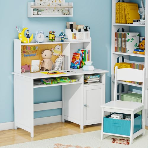 Kids Desk and Chair Set with Storage, Cork Board & Drawer - White Wooden