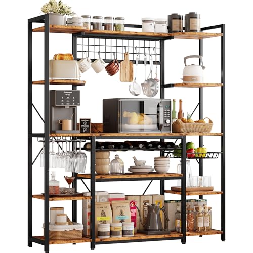 62-Inch Kitchen Bakers Rack with Power Outlets, Wine Storage, and 5 Shelves