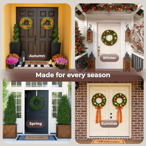 Pure Garden Set of 2 Wreaths - 19.5-Inch Round Artificial Boxwood Summer, Fall, Winter, or Spring Wreaths - Indoor/Outdoor Decoration for Front Door