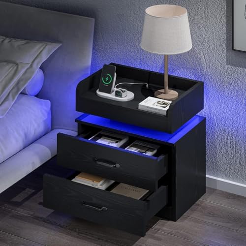 Modern LED Nightstand with Charging Station and 2 Drawers, Black