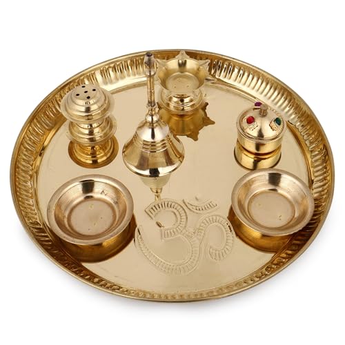 Brass Puja Thali Set - 8.75 Inch Aarti Thali with Diya and Bell for Home Mandir