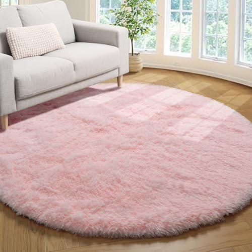 Soft Fluffy Round Area Rug (4ft) - Light Pink Non-Slip Plush Carpet