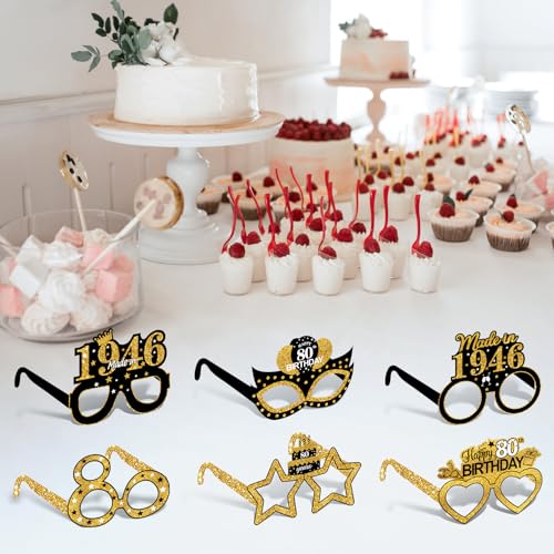 24Pcs 80th Birthday Paper Glasses - Black Gold Party Photo Booth Props