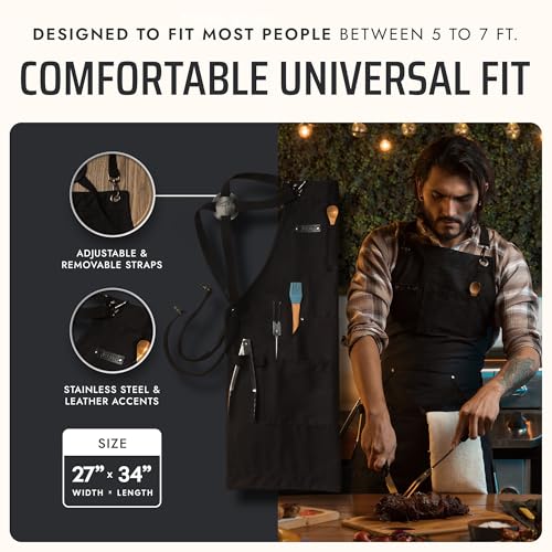 Heavy-Duty Chef and BBQ Apron with Bottle Opener, Hand Towel & Cross Back
