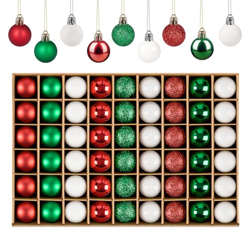Anstore 54Pcs Mini Christmas Ornaments Red Green White - 3cm/1.18in Shatterproof Baubles with Gold Caps & String
