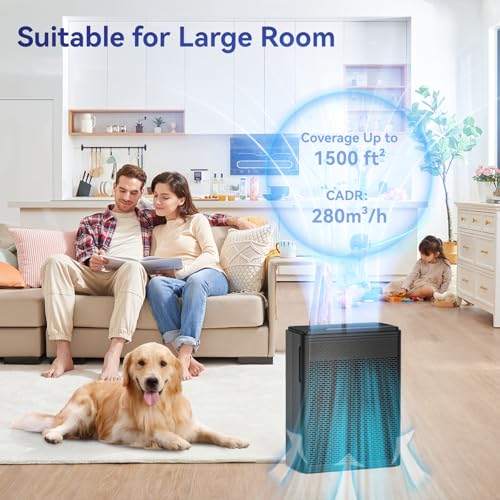H13 HEPA Air Purifier for Large Rooms Pet Dander Smoke 1500 Sq Ft Black