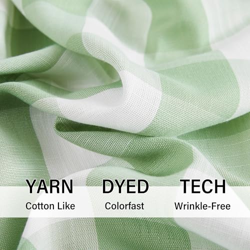 Buffalo Check Semi-Sheer Curtains with Pom Pom Trim - 84 Inch Green & White Drapes (2 Panels)