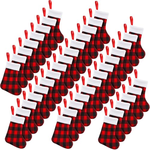 BBTO 60 Pieces Christmas Mini Stockings Buffalo Plaid 7 Inches Red & Black