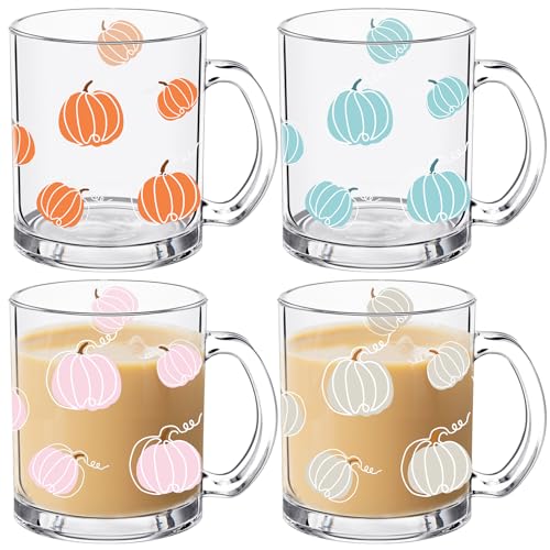 Pumpkin Glass Coffee Mug Set of 4 - 12oz Fall Thanksgiving Decor