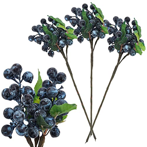 10-Inch Artificial Blueberries with Stems - 3 Pcs for Floral Arrangements