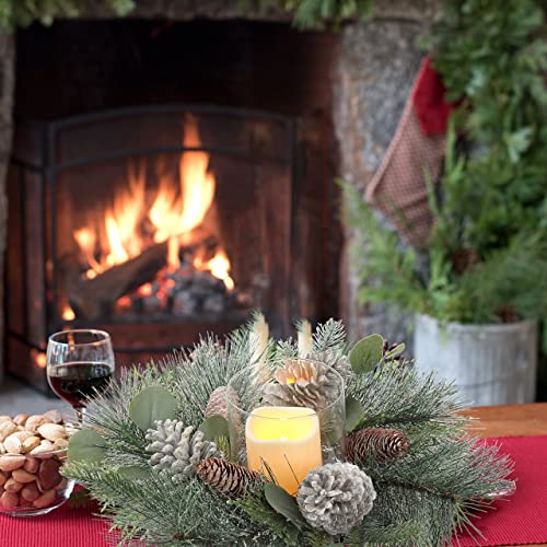 DILATATA 18-Inch Christmas Wreath with Flameless Candles & Glass Holder - Rustic Holiday Centerpiece, Detachable Design, Artificial Evergreen Decor (Variation #2)