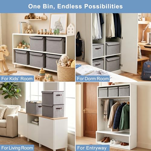 Collapsible Storage Bins with Lids 3-Pack Large Fabric Linen Boxes Gray