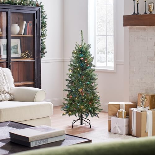 National Tree Company 4.5ft Pre-Lit Kingswood Fir Slim Christmas Tree - 150 Multicolor Lights, Hinged Branches